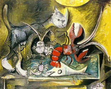 Stillleben mit Katze und Hummer 1962 kubistisch Ölgemälde